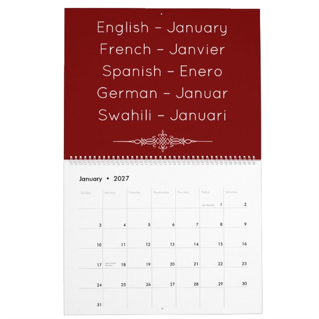 Calendrier multilingue Rouge Profond (Jan 2027)