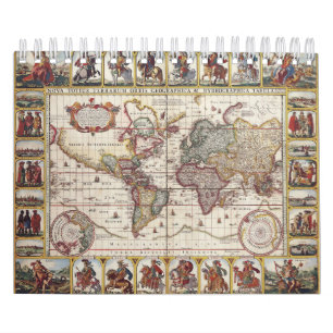 Calendrier Mural 1652 carte du monde, carte du monde d'atlas de mer