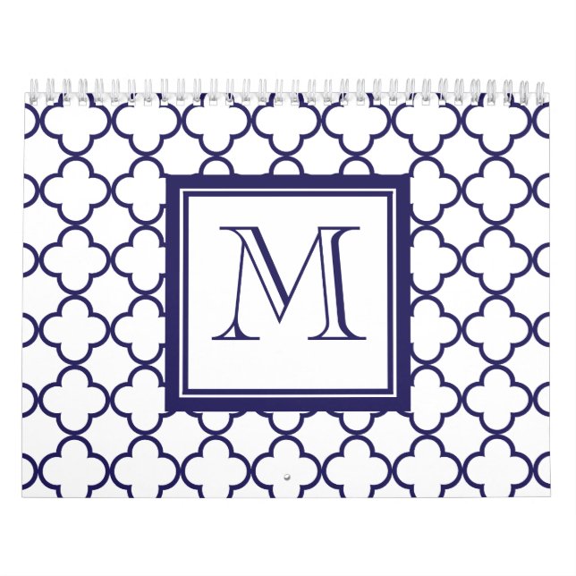 Calendrier Mural Bleu marine, Quatrefoil blanc | votre monogramme (Protection)