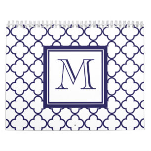 Calendrier Mural Bleu marine, Quatrefoil blanc votre monogramme