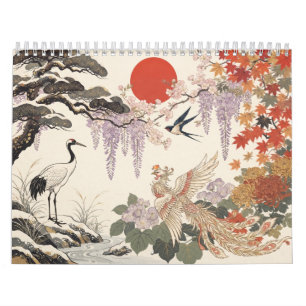 Calendrier mural japonais Hanafuda Oiseaux et Fleu