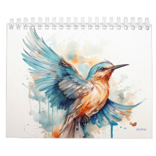 calendrier mural mensuel arbre fruit oiseau aquare