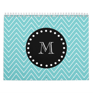 Calendrier Mural Monogramme noir turquoise du motif de Chevron