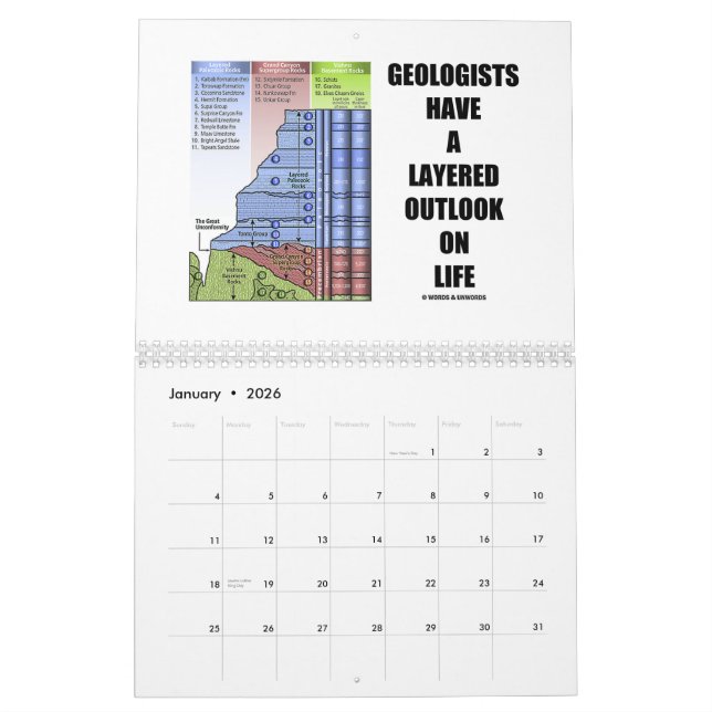 Calendrier Mural Mots et énonciations d'humour de géologie (Jan 2026)