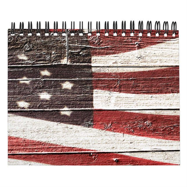Calendrier Mural Painted American Flag on Rustic Wood Texture (Protection)