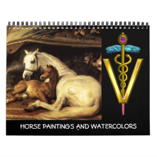 CALENDRIER OR CADUCUS VÉTÉRINAIRE SYMBOLE CHEVAUX BEAU ART