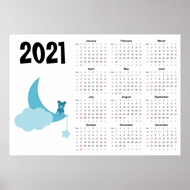 Calendrier Ourson 2021 Affiche - Début dimanche (Devant)