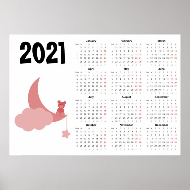 Calendrier Ourson 2021 Affiche - Début lundi (Devant)