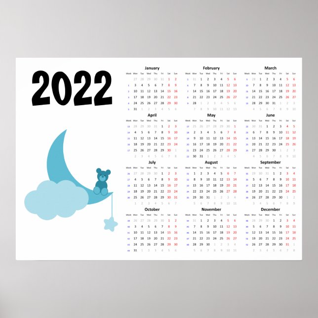 Calendrier Ourson 2022 Affiche - Début lundi (Devant)