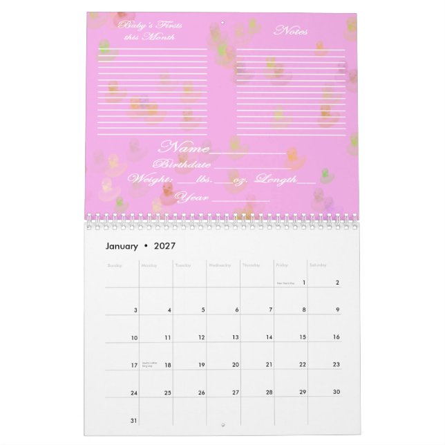 Calendrier ouvert de la première année du bébé (Jan 2027)