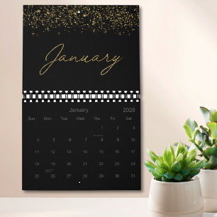 Calendrier Paillettes noires et dorées Élégant Moderne Script