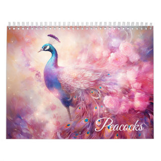 Calendrier Paons roses fantastiques dans un style abstrait