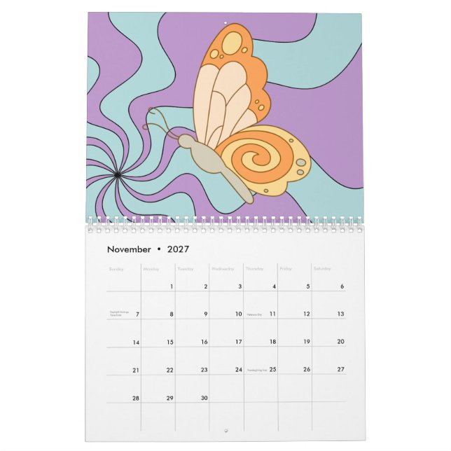 Calendrier Papillon d'onde Super Hippie les années 70 rétro (Nov 2027)