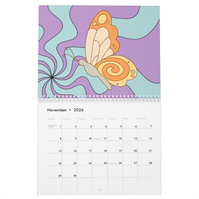 Calendrier Papillon d'onde Super Hippie les années 70 rétro (Nov 2026)