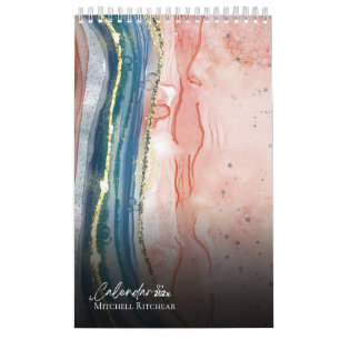 Calendrier Parties scintillant d'aquarelle en marbre bleu Ros