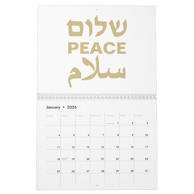 Calendrier Peace Shalom Salaam or blanc typographie moderne (Jan 2026)