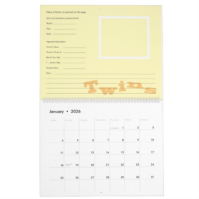 Calendrier personnalisable de grossesse de jumeaux (Jan 2026)