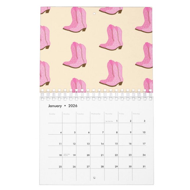 Calendrier Pink Cowgirl Cowboy Boots Country Texas Ranch (Jan 2026)
