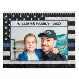 Calendrier Police Mince Ligne Bleue Drapeau Famille Photo 202