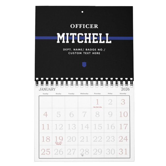 Calendrier Policier personnalisé Ligne Bleue Mince (Jan 2026)