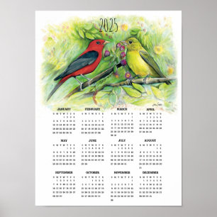 Calendrier Poster Couple Tanager Écarlate 2025 