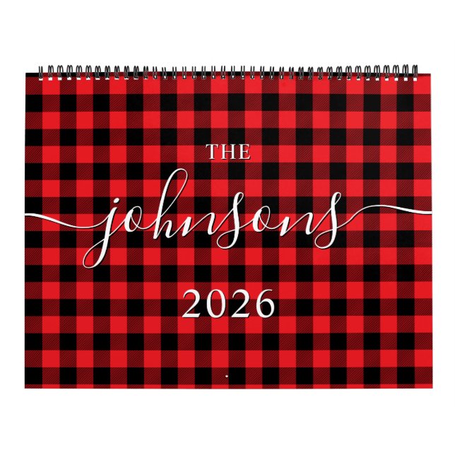 Calendrier Red Buffalo Plaid Modern Script Nom Photo (Protection)