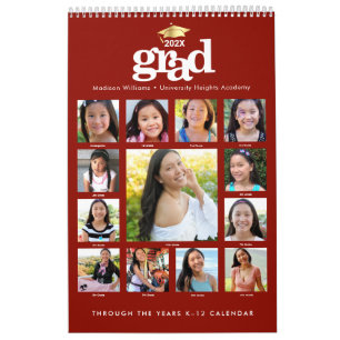 Calendrier Red Gold Graduation K-12 Photo Collage 15 Mois