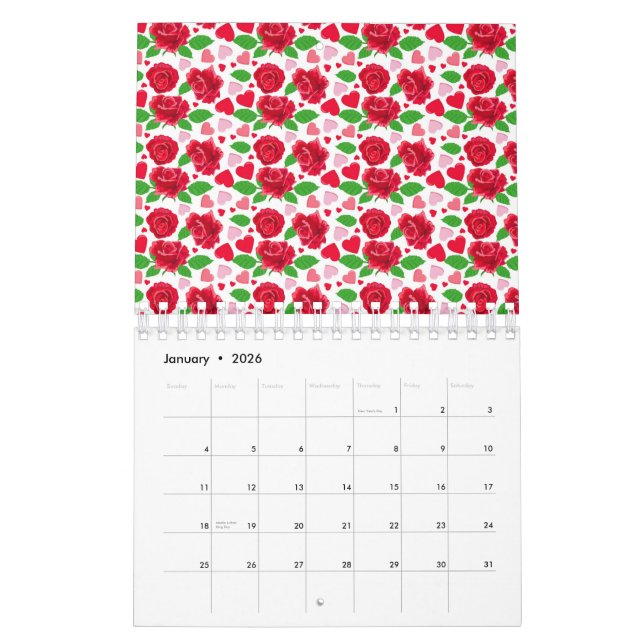 Calendrier Roses rouges Coeurs roses Joyeux Jour des Valentin (Jan 2026)