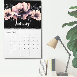Calendrier Tendance Mignon Moderne Rose Noir Floral