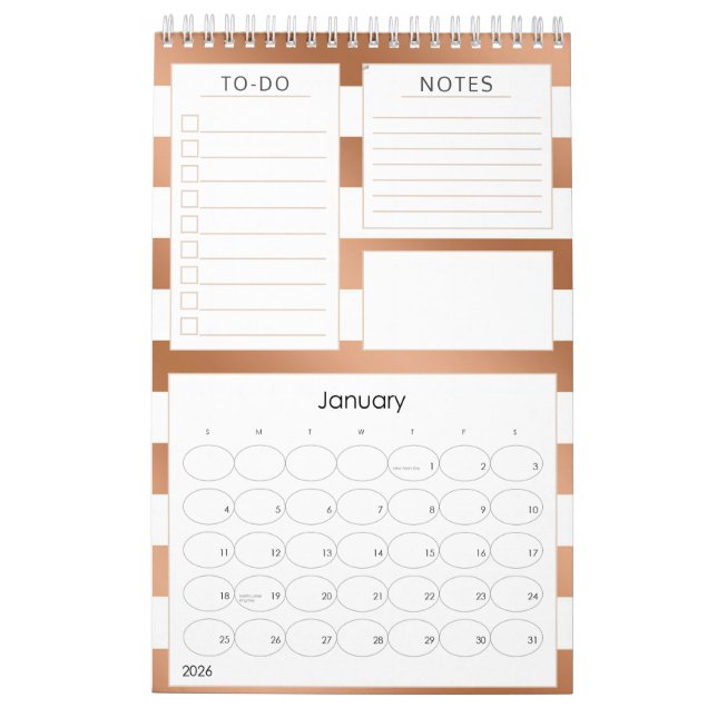 Calendrier Tendance Rose Gold Stripes Annuel Mois Planner (Jan 2026)