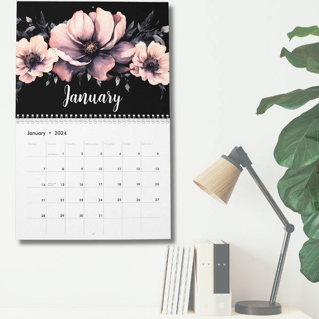 Calendrier Trendy mignon moderne rose noir floral (Cute Modern Pink Black Floral Calendar)