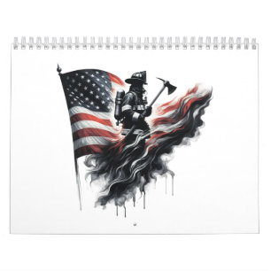Calendrier Un pompier américain.Drapeau des Etats-Unis.