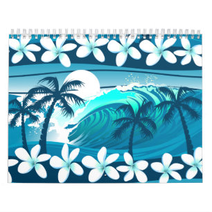 Calendrier vague de surf tropicale avec palmiers