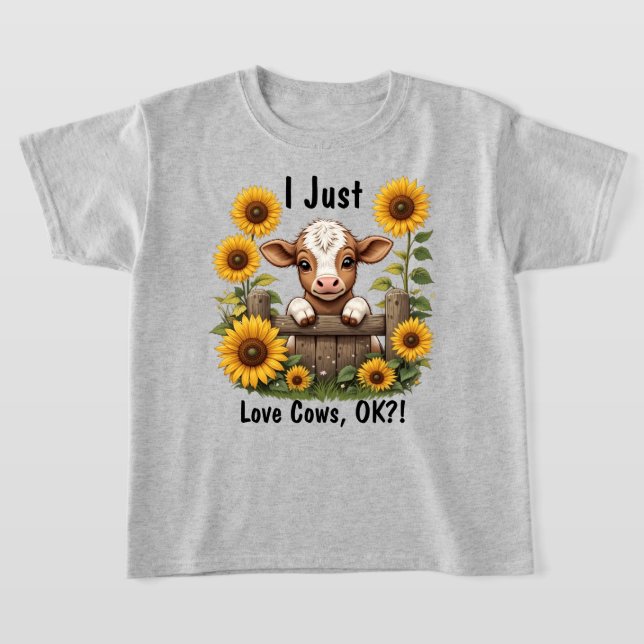 Calf Peeking über Zaun umgeben von Sonnenblumen T-Shirt (Ablage )