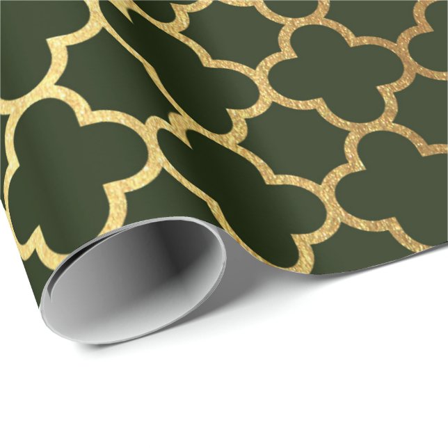 Cali Woodland Green Gold Quatrefolie Art Deco Net Geschenkpapier (Rolleneckpunkt)