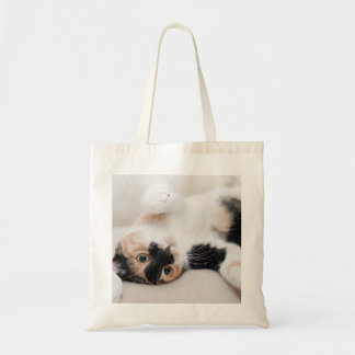 Calico Cat Auf seinem Rücken mit Pfau Tragetasche