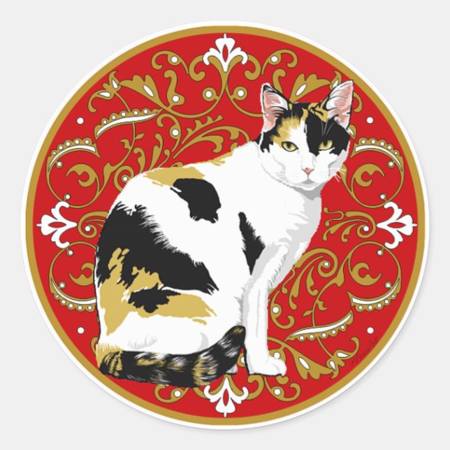 Calico Cat Baroque Runder Aufkleber (Vorderseite)