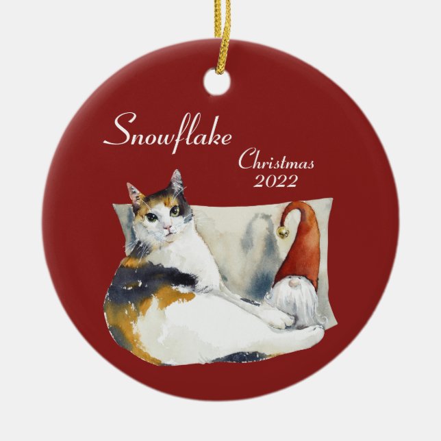 Calico Cat Gnome Weihnachtsthema Aquarell Cerami Keramik Ornament (Vorne)