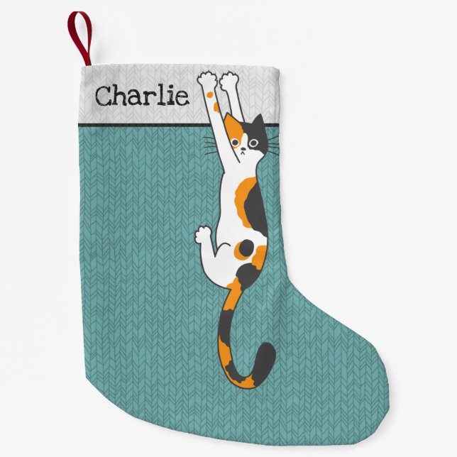 Calico Cat hanging on | Funny Cat Holiday Xmas Kleiner Weihnachtsstrumpf (Vorderseite)