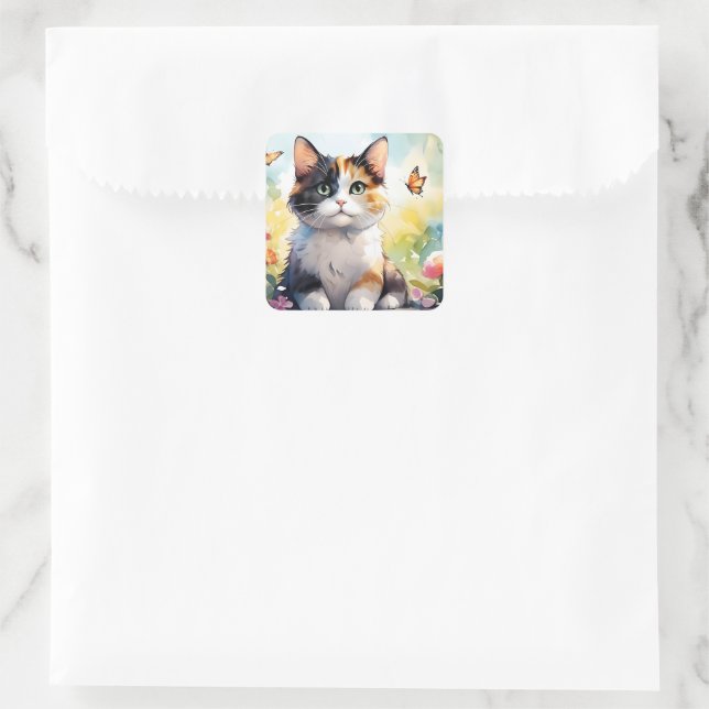 Calico Cat im Frühlingspark mit Schmetterlingen Quadratischer Aufkleber (Tasche)