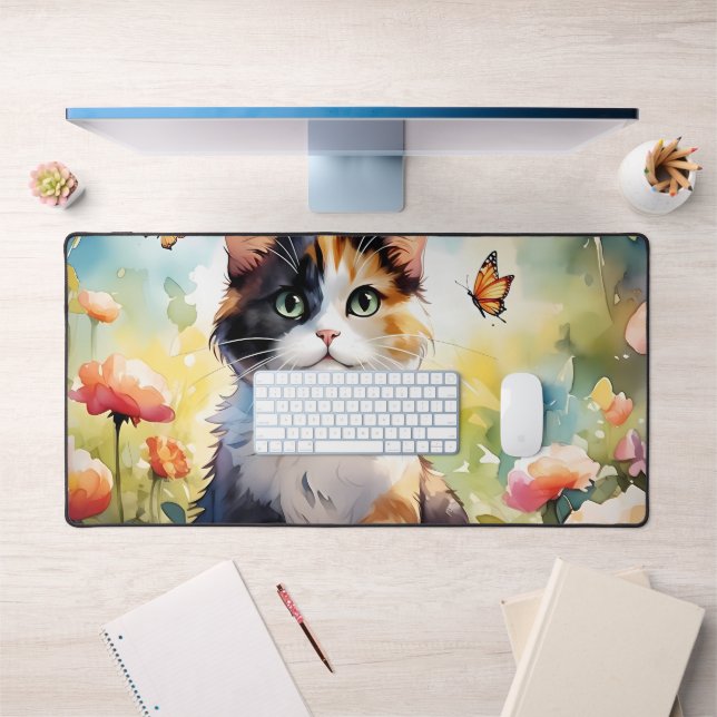 Calico Cat im Frühlingspark mit Schmetterlingen Schreibtischunterlage (Büro 1)