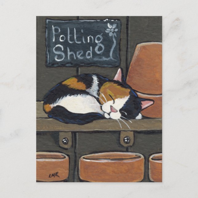 Calico Cat in der Potting Shed Postcard Postkarte (Vorderseite)