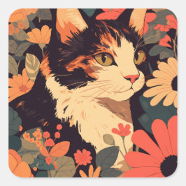 Calico Cat mit Blume Japanisch Ästhetik Quadratischer Aufkleber