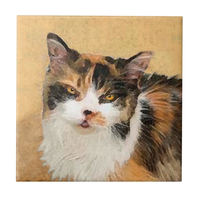 Calico Cat Painting - Niedliche Original Cat Art Fliese (Vorderseite)