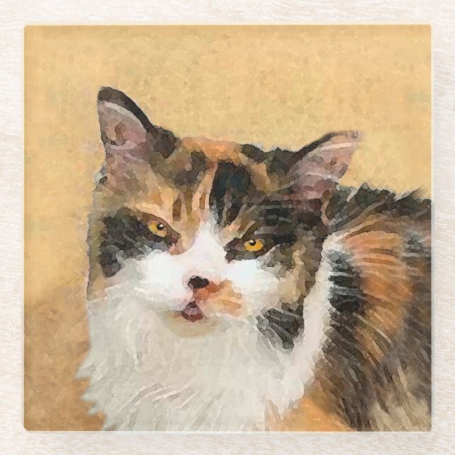 Calico Cat Painting - Niedliche Original Cat Art Glasuntersetzer (Vorderseite)