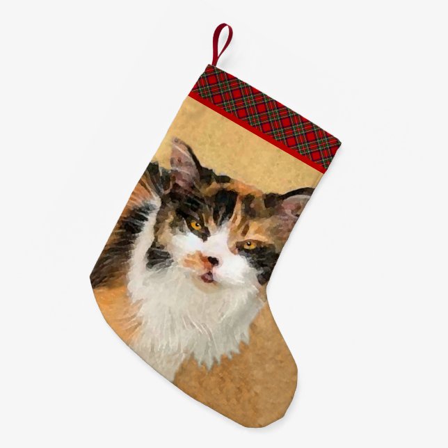 Calico Cat Painting - Niedliche Original Cat Art Kleiner Weihnachtsstrumpf (Vorderansicht (hängend))