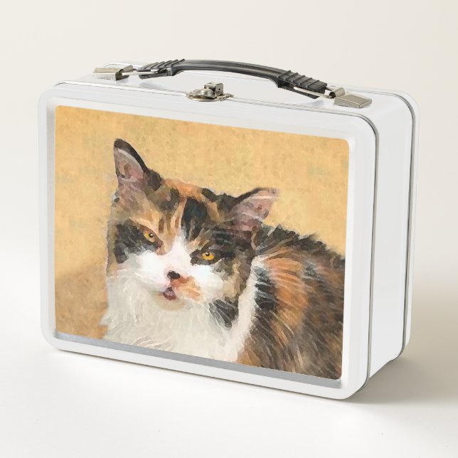 Calico Cat Painting - Niedliche Original Cat Art Metall Brotdose (Vorderseite)
