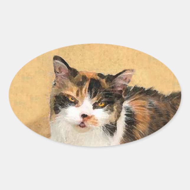 Calico Cat Painting - Niedliche Original Cat Art Ovaler Aufkleber (Vorderseite)