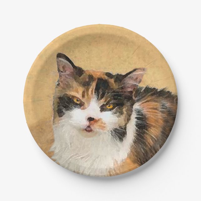 Calico Cat Painting - Niedliche Original Cat Art Pappteller (Vorderseite)