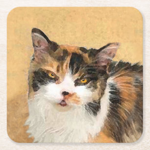 Calico Cat Painting - Niedliche Original Cat Art Rechteckiger Pappuntersetzer